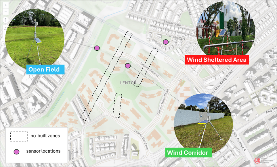 Map of Lentor, Singapore showing sensor locations in open fields, wind sheltered areas, and wind corridors. No-built zones are indicated.